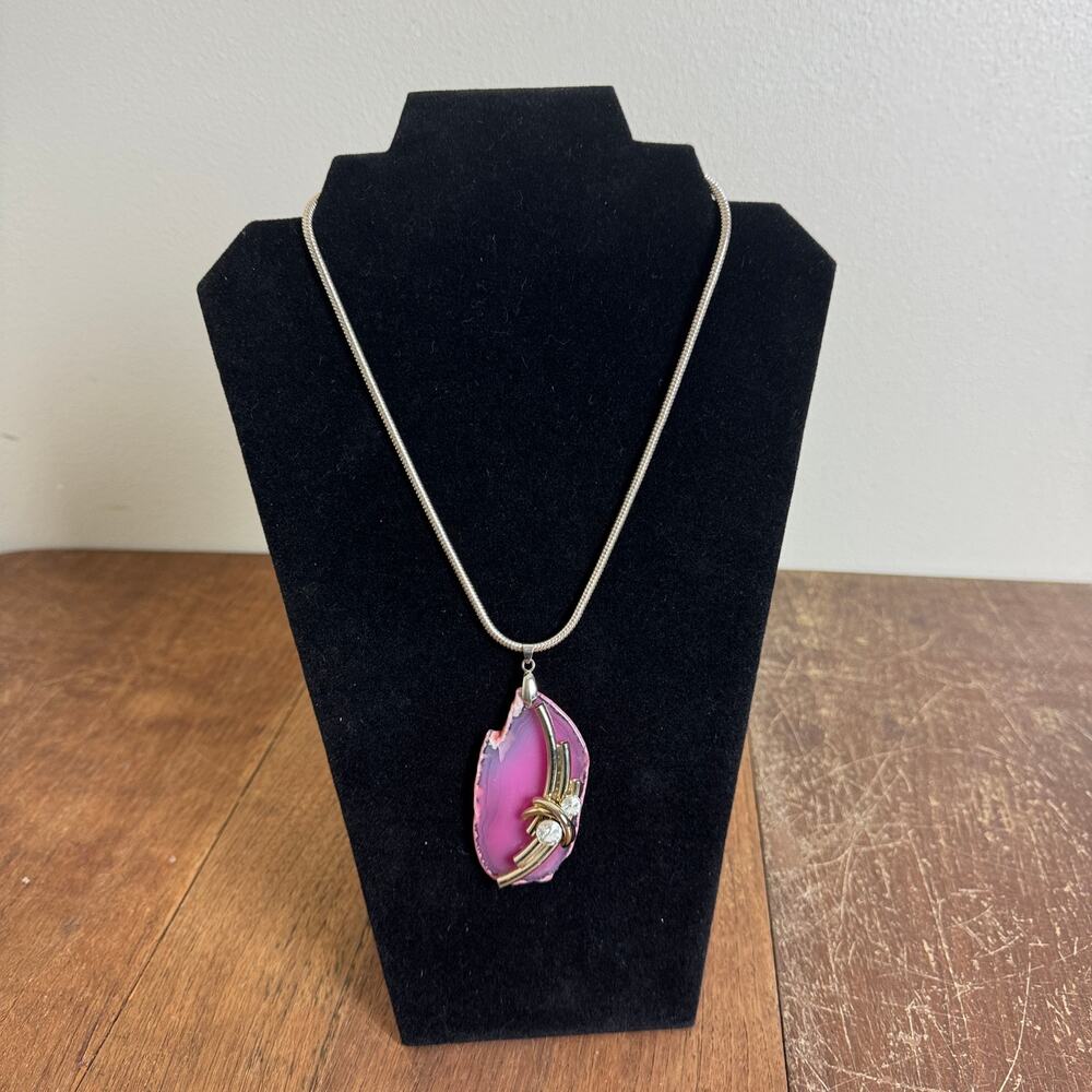 Artisan Handmade Pink Agate‎ Slice Gold Tone Rhinestone Pendant 18 inch Necklace